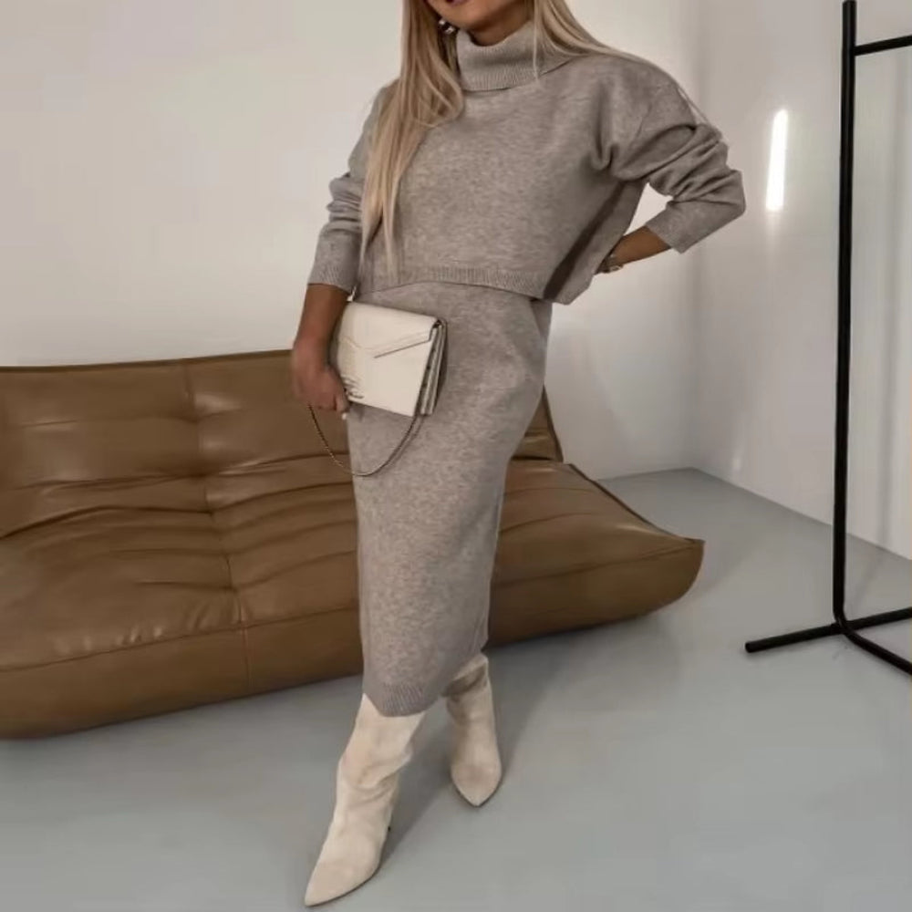 Women'S Elegant Urban Suits 2025 Autumn Winter Latest Lazy Long Sleeve Knitted Shirt High Waist Hip Wrapped Skirt Two Piece Set
